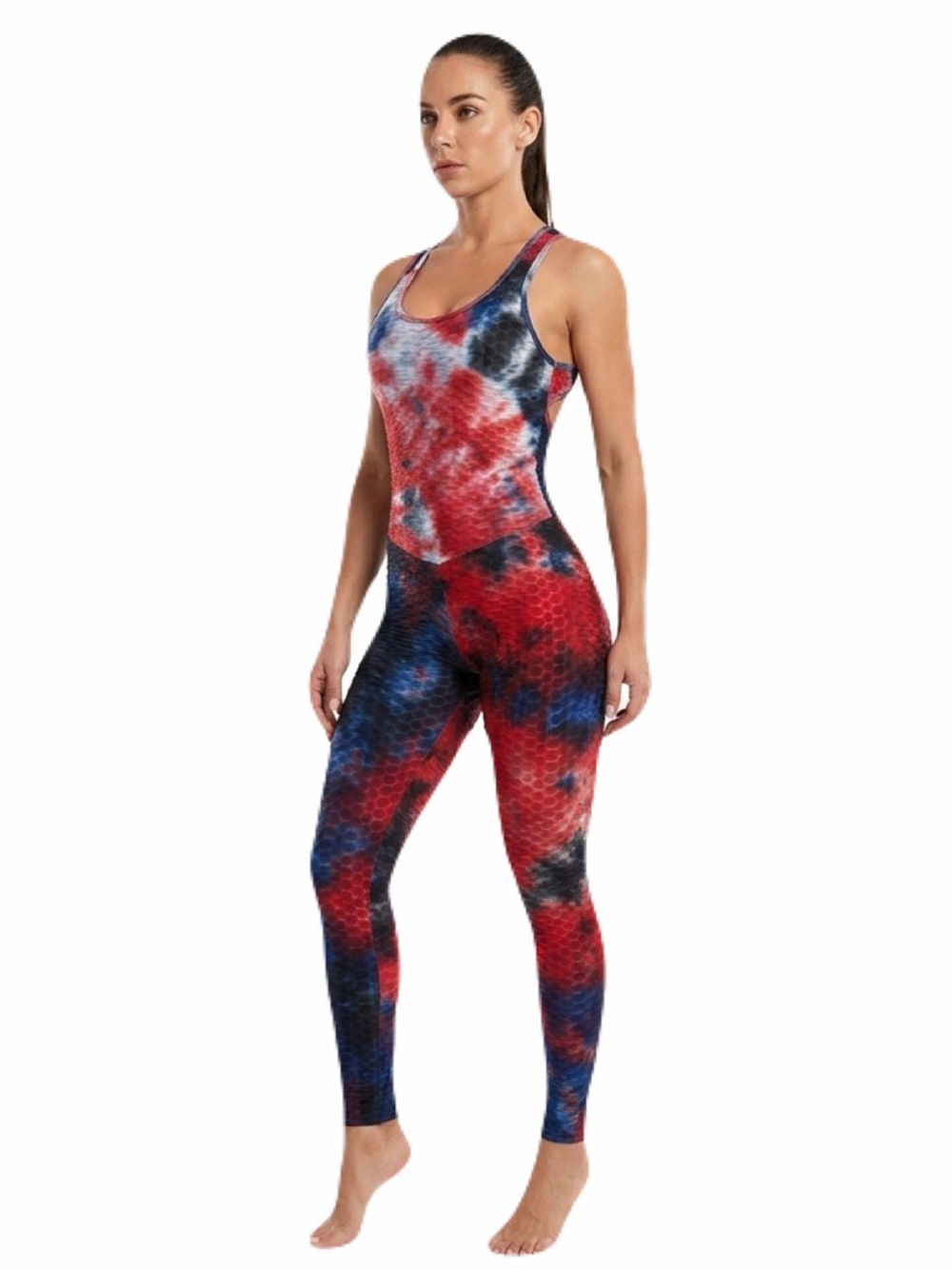 Woman’s Tie-dyed Patriotic Honeycomb Compression Yoga Athletic Jumpsuit